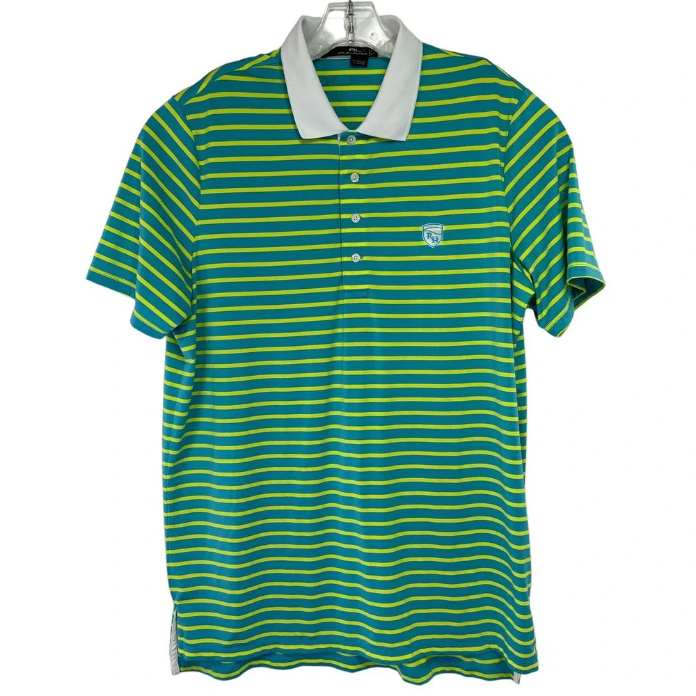 RLX Ralph Lauren Round Hill CC Mens Large Green/Yellow Striped Golf Polo (BB19) - Picture 1 of 6
